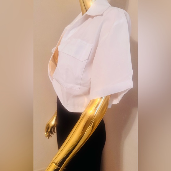 Micas Trendy White Crop Shirt Button-Up Collared Short Sleeve, NWT - Picture 6 of 10